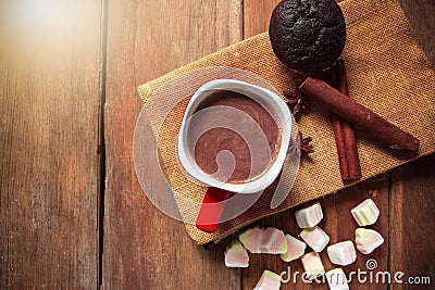 Hot chocolate with marshmallows on old wood background Stock Photo