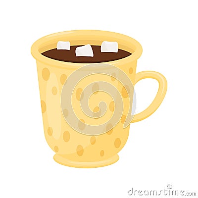 Hot chocolate with marshmallows in yellow mug. Cup of tasty cocoa. Delicious drink. Flat vector icon Vector Illustration