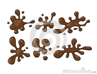 Hot chocolate puddle. Brown liquid spill. Vector set on a white isolated background. Vector Illustration