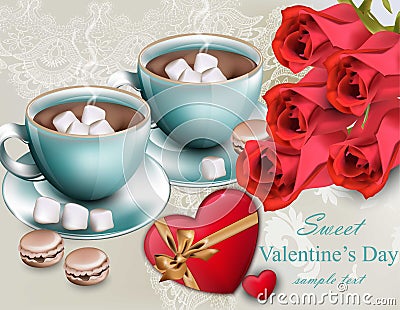 Hot Chocolate with red roses flowers Vector. Sweet coffee Valentines day cards Vector Illustration