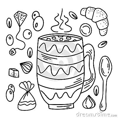 Hot chocolate set in hand drawn style, tea, coffee, macchiato Vector Illustration