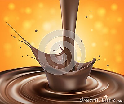 Hot chocolate splash with pouring, isolated on orange background. Vector Illustration