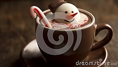 Hot chocolate warms up snowman heart generated by AI Stock Photo