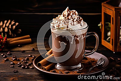 Hot chocolate with whipped cream and cinnamon on a dark wooden background, Cup of hot chocolate with whipped cream and spices on Stock Photo