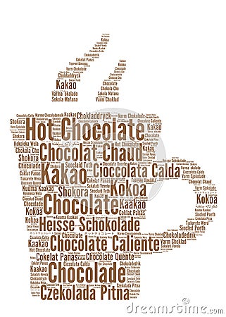 Hot chocolate word cloud in different languages Cartoon Illustration