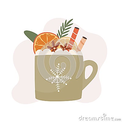 Hot Christmas Cacao decorated with oranges, lemon and anis stars. Vector Illustration