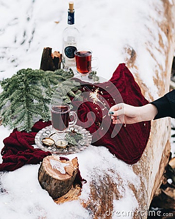 Hot Christmas mulled wine. Stock Photo