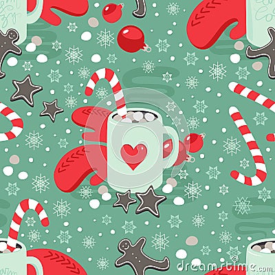 Hot cocoa chocolate winter cozy drink with Christmas sweets winter holiday seamless pattern Vector Illustration