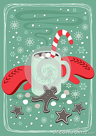 Hot cocoa chocolate winter cozy drink with red gloves and gingerbread man cookie vertical card Vector Illustration