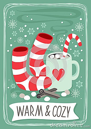 Hot cocoa chocolate winter cozy drink with red white striped socks and cinnamon sticks vertical card with text Vector Illustration