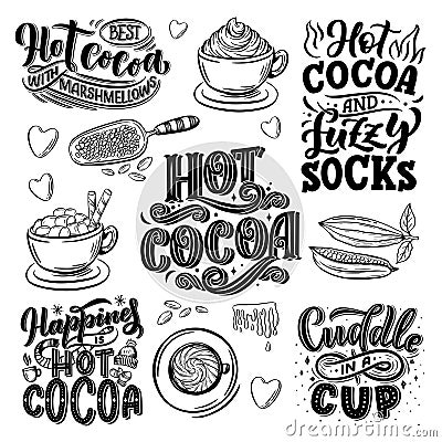 Hot cocoa hand lettering set with cup of cocoa, marshmallows. Hand drawn Christmas signs for cafe, bar and restaurant Cartoon Illustration