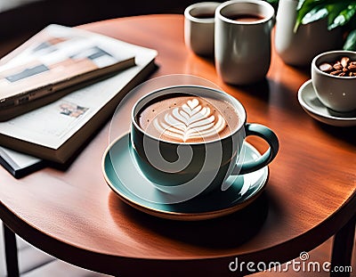 Hot cocoa, hot chocolate, food theme poster, latte art, coffee, drink. Stock Photo