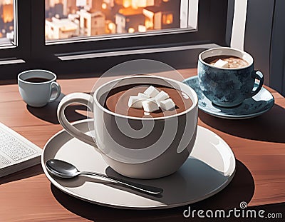 Hot cocoa, hot chocolate, food theme poster, latte art, coffee, drink. Stock Photo