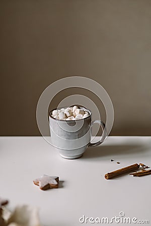 Hot cocoa with marshmallows on a white table with gingerbread. Stock Photo