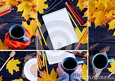Hot coffee and autumn leaves on vintage wood background - seasonal relax concept Stock Photo