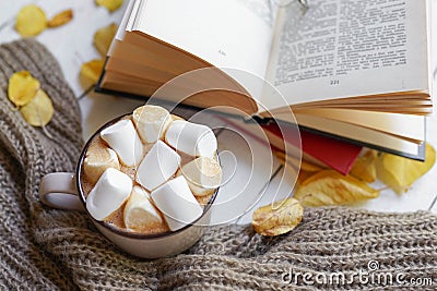 Hot coffee and book with autumn leaves on wood background - seasonal relax concept Stock Photo