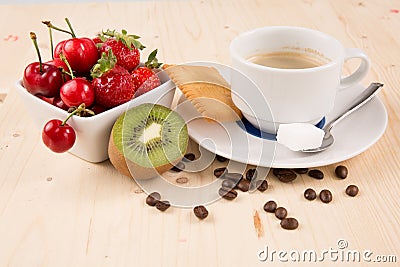 Hot coffee, cake, cherry, strawberry, on the wooden table Stock Photo