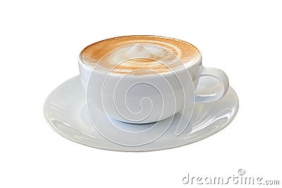 Hot coffee cappuccino latte in white cup with stirred spiral mil Stock Photo