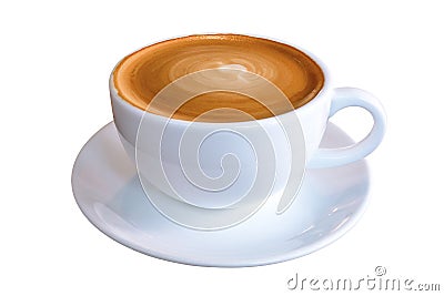 Hot coffee cappuccino latte in white cup with stirred spiral milk foam texture isolated on white background, clipping path Stock Photo