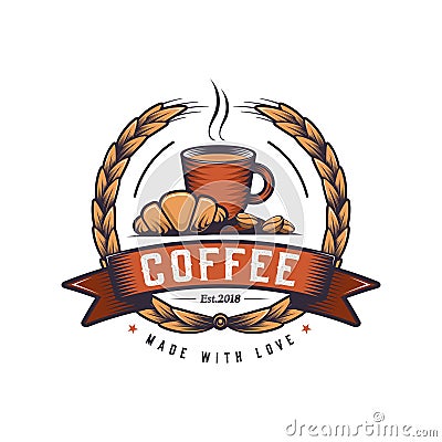 Hot Coffee with croissant retro logo design. Vintage co coffee shop badge Cartoon Illustration