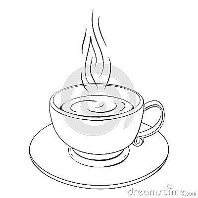 Hot coffee cup or teacup line drawing isolated on white. Coffee break or tea sketch icon. outline illustration of one Cartoon Illustration