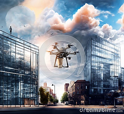 Hot coffee delivery using air drone Stock Photo