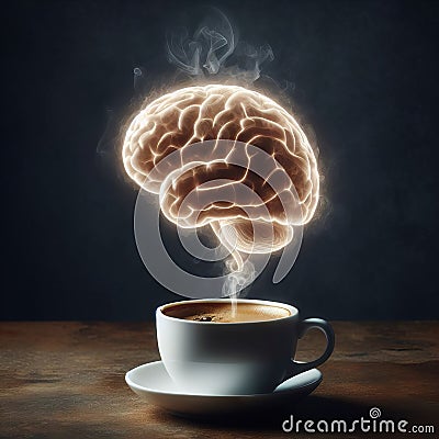 hot coffee with a faint steam of a brain floating on top, the concept of coffee helping brain function Stock Photo
