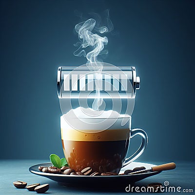 hot coffee with a faint steam. An image of the battery status bar almost full. floating on top.Concept of coffee to recharge your Stock Photo