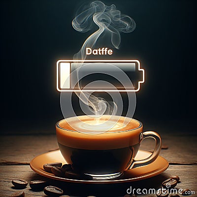 hot coffee with a faint steam. An image of the battery status bar almost full. floating on top.Concept of coffee to recharge your Stock Photo