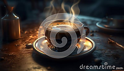 Hot coffee, frothy cappuccino, steam, relaxation in rustic coffee shop generated by AI Stock Photo