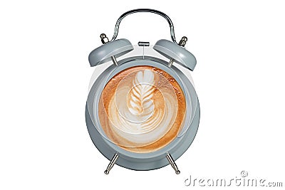 Hot coffee with frothy foam in blue alarmclock Stock Photo