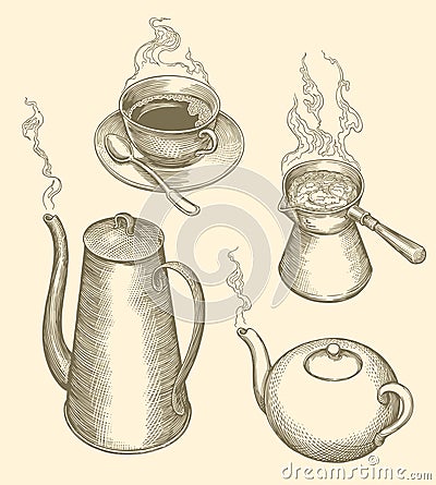 Hot coffee, hot tea, cup. hand-drawn illustration. Vintage Retro engraving Vector Illustration