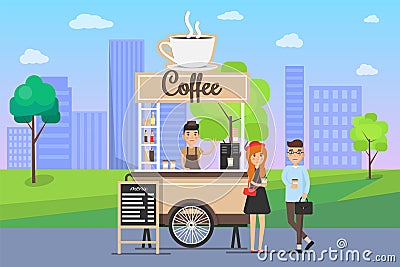 Hot Coffee Street Cart with Vendor and Buyers Vector Illustration