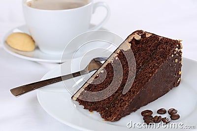 Hot coffee and sweet cake chocolate tart dessert Stock Photo