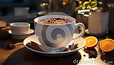 Hot coffee on wooden table, winter warmth and comfort generated by AI Stock Photo