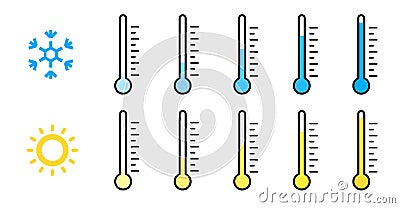 Hot and cold temperature graduation. High and low temperature. Celsius thermometers set. Thermometers set in flat style on white Vector Illustration