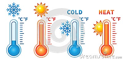 Hot and cold temperature thermometer, heat and cool measuring scale icon set. Warm sun summer, snow frozen winter weather. Vector Vector Illustration