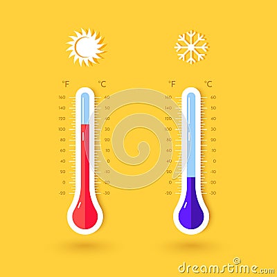 Hot and cold weather. Celsius or Fahrenheit thermometer scales. Warm temperature degree. Summer and winter. Heat or Vector Illustration