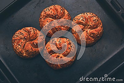 Hot cooked buns in the pan Stock Photo