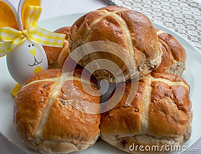 Hot Cross Buns with Easter Decoration Stock Photo
