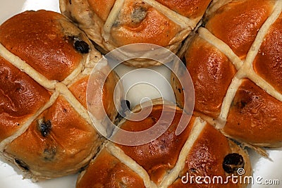 Hot cross buns at Easter time. Stock Photo