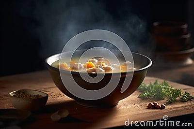 Hot delicious chicken soup product photography with natural lighting. Ai generated Stock Photo