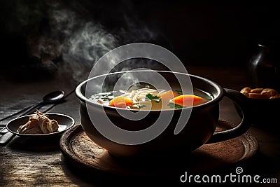 Hot delicious chicken soup product photography with natural lighting. Ai generated Stock Photo