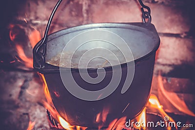 Hot delicious steaming food in a cast iron pot Stock Photo