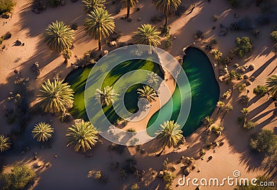 a hot desert oasis sandy mirage sand dune ripples dry remote palms dunes isolated scenery arid climate wilderness extreme sunny Stock Photo