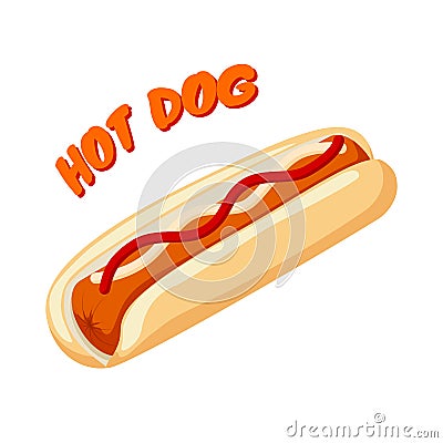 Hot Dog with bread sausage ketchup and mustard. Fast food banner. Vector illustration isolated on white Vector Illustration