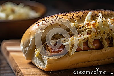 hot dog bun filled with tangy sauerkraut and spicy mustard Stock Photo