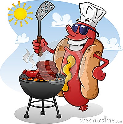 Hot Dog Cartoon Character With Sunglasses Grilling On A Sunny Summer Day Vector Illustration