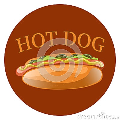 Hot Dog Cartoon Illustration. Classic american fast food - sausage with mustard in a bun. Vector Illustration