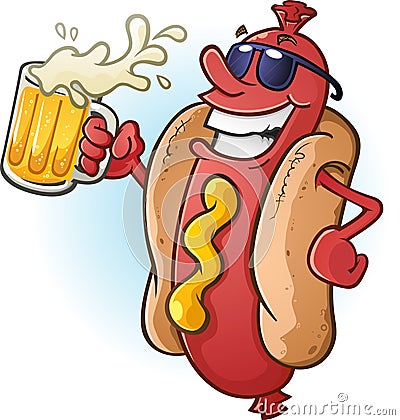 Hot Dog Cartoon Wearing Sunglasses and Drinking Cold Beer Vector Illustration